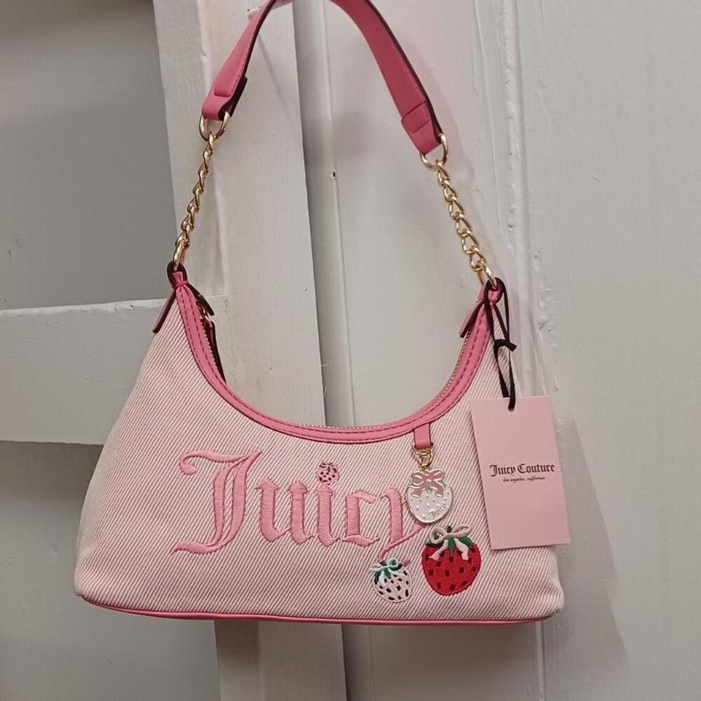 Juicy Couture Pink Shoulder Bag – Strawberry Charm, Gold Chain, Y2K Logo